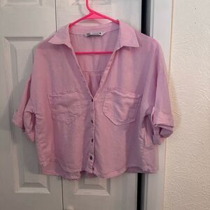 Zara Womens Button Front Linen Blend Button-up Relaxed Cropped Shirt Rose Medium